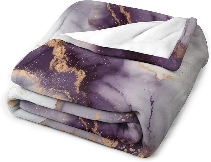 Modern Marble Blanket, Abstract Luxury Baroque Golden Purple White Stone Veins Pattern Soft Warm Cozy Plush Flannel Covers for Livingroom Bedroom Couch Chair Camping Travel Home Decor Tapestry 50x60in