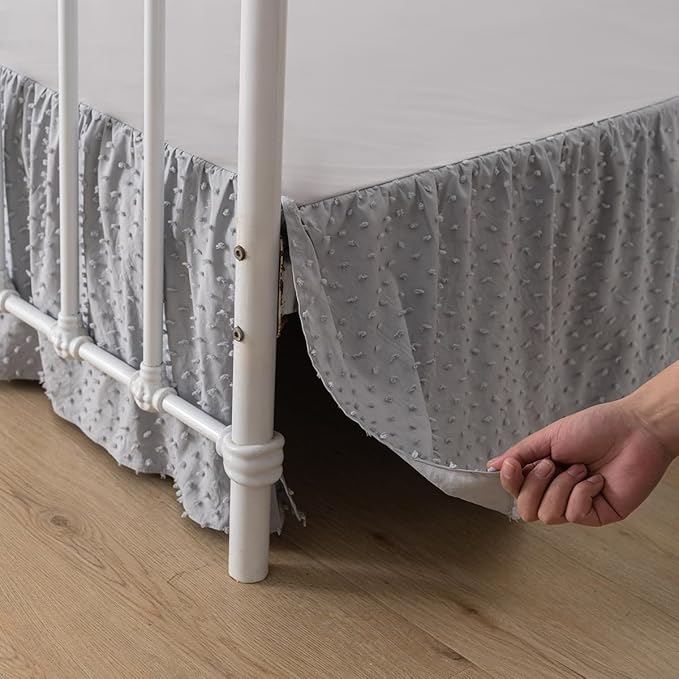 Tufted Dot Bed Skirt Full Size Ruffled Bed Skirt with Split Corners, 18 Inch Drop Dust Ruffle Bed Skirts with Platform, Light Grey