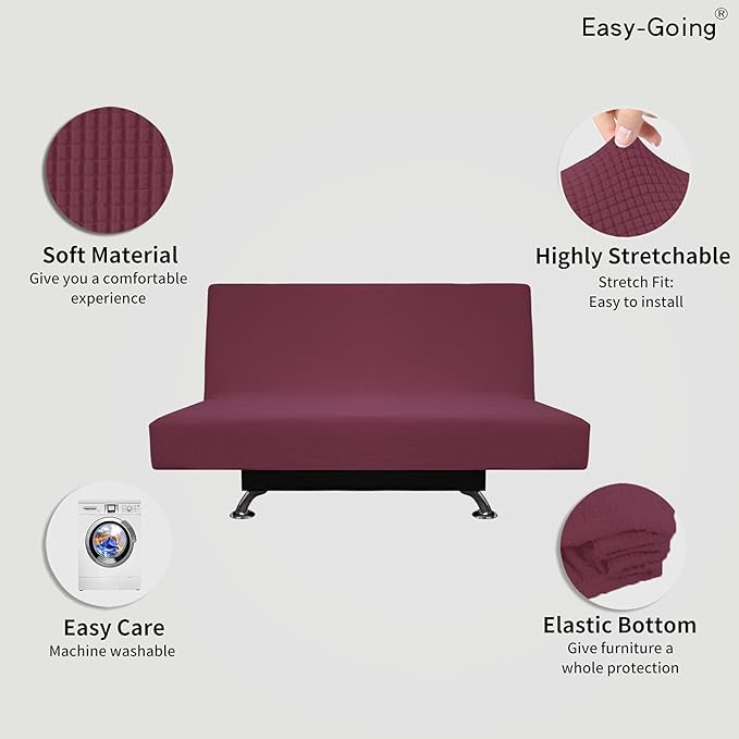 Easy-Going Stretch Futon Slipcover Armless Futon Bed Cover Furniture Protector Without Armrests with Elastic Bottom for Kids, Soft Jacquard Fabric Small Checks (Medium, ASH Rose)