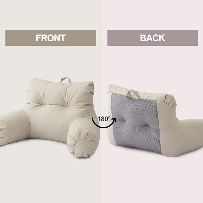 A Nice Night Faux Leather Reading Pillow for All Season,Wedge Bedrest Pillow Backrest with Arms Back Support for Sitting Up in Bed/Couch,Natural