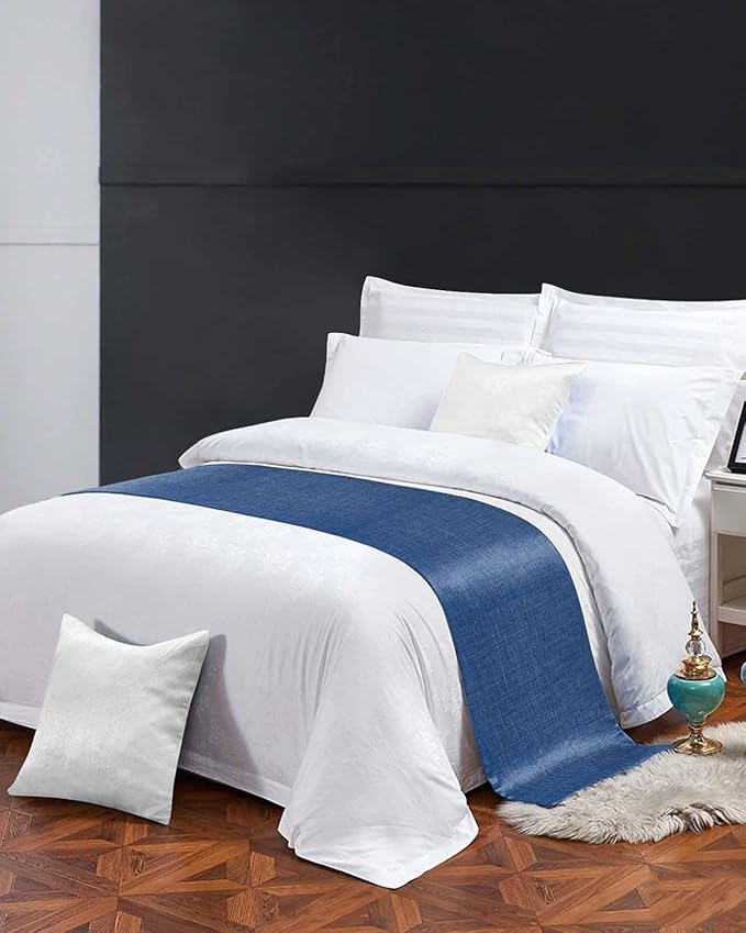 Retro Farm Linen Flax Bed Runners for Bedroom Hotel,Decorative Bedding Scarf Blue Solid Color Ocean Bed End Blanket Bedding Runner Scarves for King Size Bed,102x20in