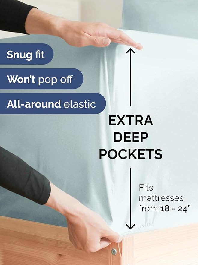Extra Deep Cal King Fitted Sheet - Hotel Luxury Single Fitted Sheet Only - Easily Fits 18 inch to 24 inch Mattress - Ultra Soft, Wrinkle Free with Extra Deep Pockets - Breathable & Comfy - Ice Blue