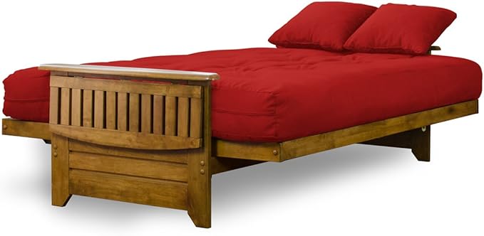 Nirvana Futons Brentwood Tray Arm Futon Sofabed Set - Queen Frame, 8" Thick Red Mattress, Rich Heritage Finish