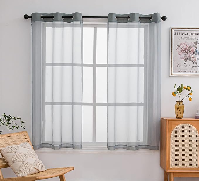 PI Grey Sheer Curtains 45 inches Long with Grommet,Extra Short Sheer Window Curtain for Study/Kitchen 2 Panels (W52 X L45, Blue Grey)