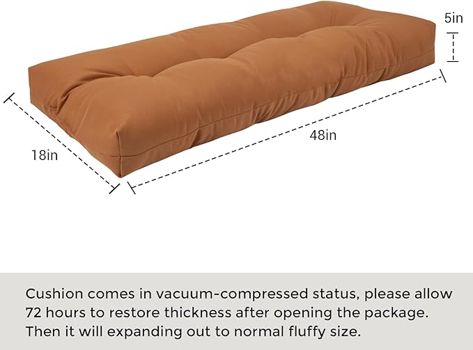FUNHOME Outdoor Bench Cushion 48 x18 inch with Non-Slip Grips,Water Resistant Porch Swing Cushion,Bench Pillow Pads,Tufted Cushions for Patio Garden Furniture,48" Seat Cushions(Caramel Orange)
