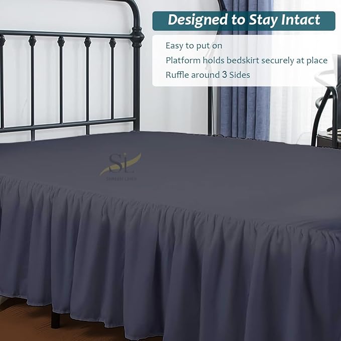 Shreem Linen Ruffled Bed Skirt with Split Corners, Gathered Style, 100% Microfiber, 10-Inch Drop, Dust Ruffle Bedskirt with Platform, RV King, Dark Grey
