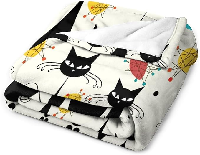 Mid Century Modern Throw Blanket, Atomic Black Cat Starbursts Iconic Sputnik Retro Abstract Geometric 1950s 1960s Throw for Adults Kids Pet, Beige Black 40"x50"