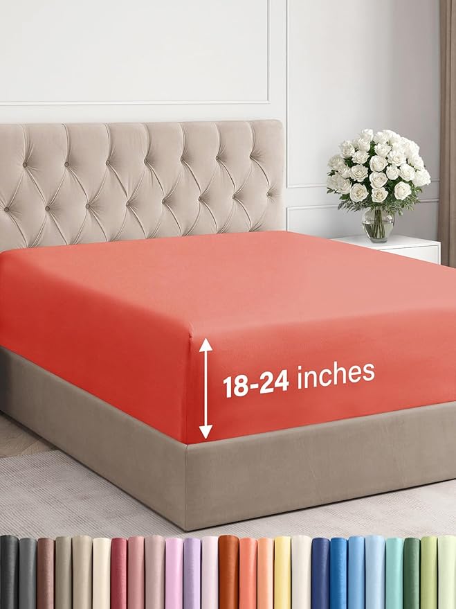 Extra Deep Queen Fitted Sheet - Hotel Luxury Single Fitted Sheet Only - Easily Fits 18 inch to 24 inch Mattress - Ultra Soft, Wrinkle Free w/Extra Deep Pockets - Easy-Care, Breathable & Comfy - Coral