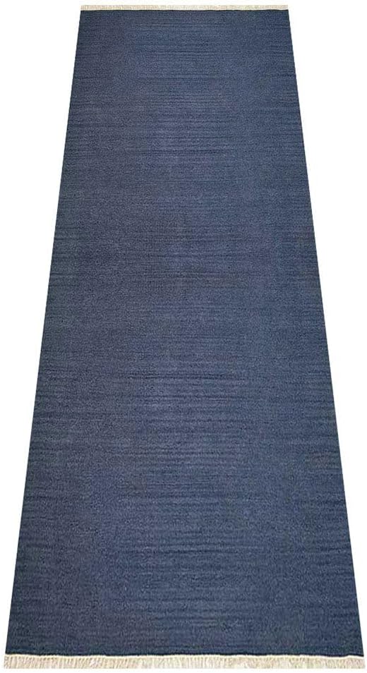 Rugsotic Carpets Hand Woven Flat Weave Kilim Wool ECO-Friendly Area Rugs - 2'6"x8', Runner Shape, Blue Color, Solid Plain Design, Low Pile Handmade Area Rugs for Living Room, Bed Room (D00111)