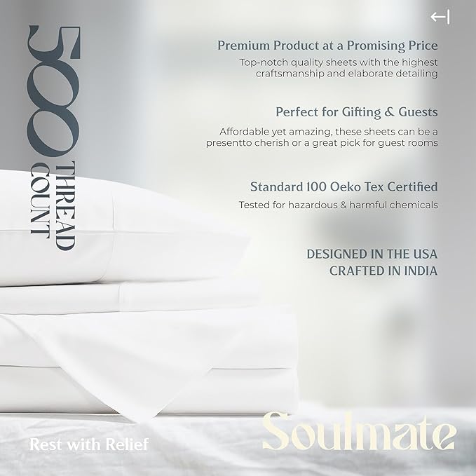 Mayfair Linen 100% Egyptian Cotton 2 Pack Twin Sheet Set - 500 Thread Count Cotton Sheets Twin Size (6 PC, White), Extra Soft, Cooling, Sateen Weave, 16" Deep Pocket College Dorm Room Bed Sheet
