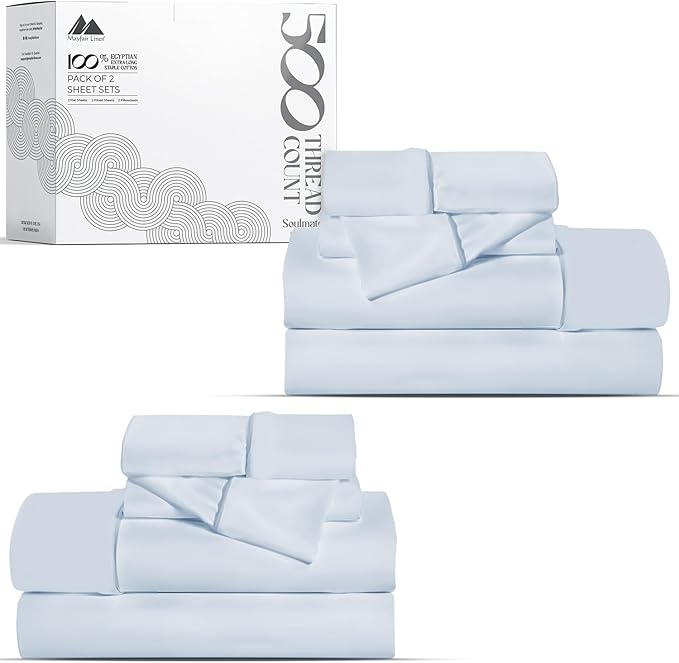 Mayfair Linen 100% Egyptian Cotton 2 Pack Full Sheet Set - Luxury 500 Thread Count Cotton Sheets Full Size (8 PC, Light Blue), Soft, Cooling, Sateen Weave, 16" Deep Pocket Hotel Quality Bed Sheet