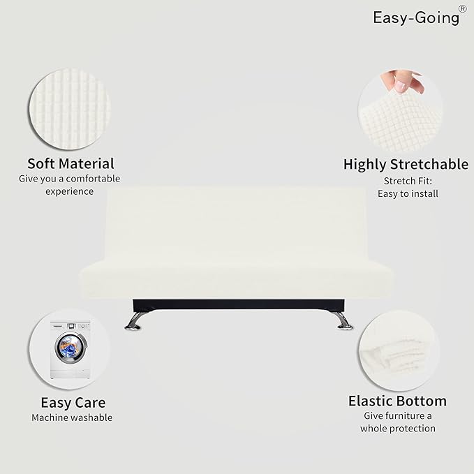 Easy-Going Stretch Futon Slipcover Armless Futon Bed Cover Furniture Protector Without Armrests with Elastic Bottom for Kids, Soft Jacquard Fabric Small Checks (Medium, Cream)
