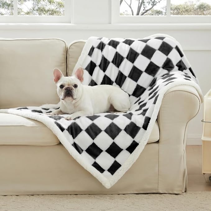 Checkered Dog Blanket, Black Jacquard Sherpa Blankets for Small Dog and Cats, Cute Aesthetic Style Fluffy Fleece Pets Blanket for Couch Protection Washable, 30"x40"