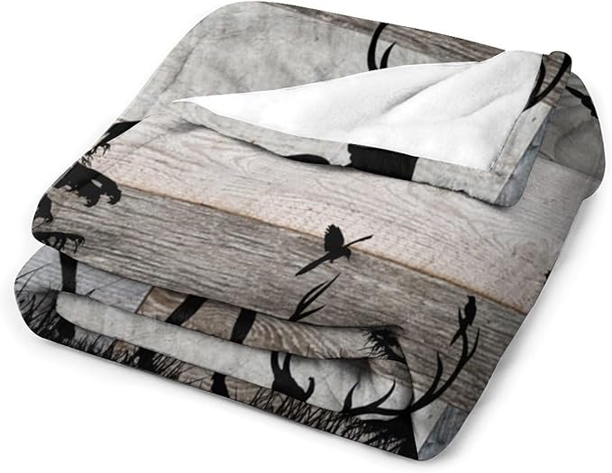 Rustic Deer Throw Blanket, Retro Cabin Farmhouse Country Lodge Blue Brown Wooden Board Wild Forest Animals Deer Bird Print Warm Cozy Blanket for Bed Couch Sofa Travel, 60"x80"
