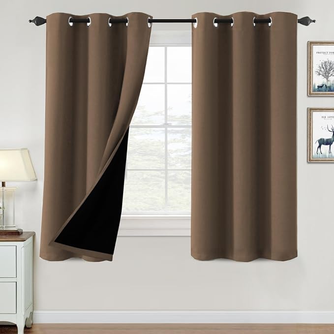 H.VERSAILTEX 100% Blackout Curtains for Bedroom Thermal Insulated Blackout Curtains Heat and Full Light Blocking Curtains for Living Room with Black Liner 2 Panels Set, 42 x 63 Inch, Macchiato