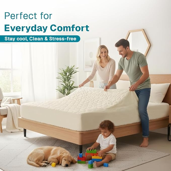 FABDREAMS Organic Quilted Mattress Protector Full Size | Mattress Pad| Mattress Cover| Naturally Breathable | Noiseless| Fits up to 17" Deep Pockets| Temperature Regulating | Ivory