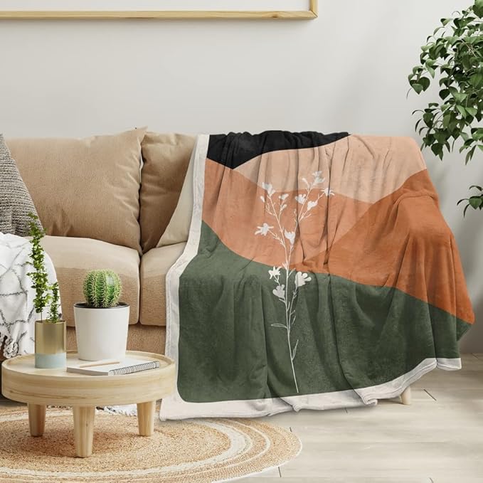 Boho Orange Mid Century Blankets Abstract Modern Throw Blanket Minimalist Boho Aesthetic Soft Warm Bed Bedding Women Blankets for Couch Bedroom Sofa Office Cozy Flannel Blankets 30"X40"