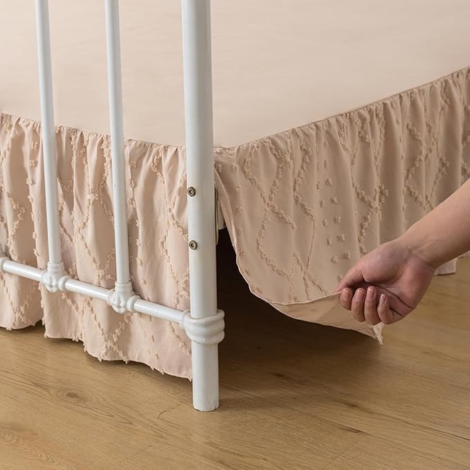 Bed Skirt Queen Size Ruffled Bed Skirt with Split Corners, 12 Inch Drop Dust Ruffle Bed Skirts with Platform, Boho Tufted Shabby Chic Queen Size Bed Skirts, Cream