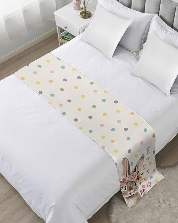 Spring Easter Farm Rabbit Flower Bed Runners for Bedroom Hotel,Decorative Bedding Scarf Colorful Quote Dot on Linen Bed End Blanket Bedding Runner Scarves for Full Size Bed,83x20in