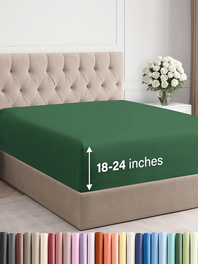 Extra Deep Cal King Fitted Sheet - Hotel Luxury Single Fitted Sheet Only - Easily Fits 18 inch to 24 inch Mattress - Ultra Soft, Wrinkle Free w/Extra Deep Pockets - Breathable & Comfy - Emerald Green