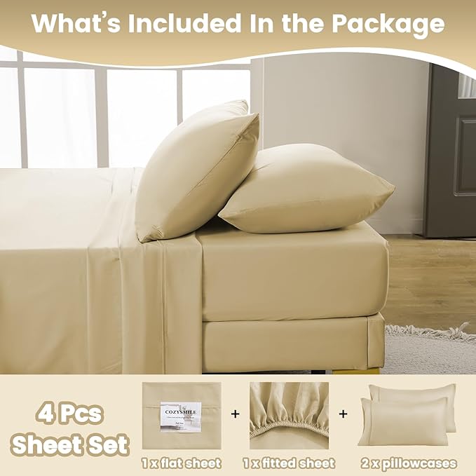 Lightweight Soft King Sheet Set - Luxury 4 Piece Breathable Cooling Sheets for King Size Bed, 16" Deep Pocket Easy Care Wrinkle Free Bedding Sheet and Pillowcase Set, Beige