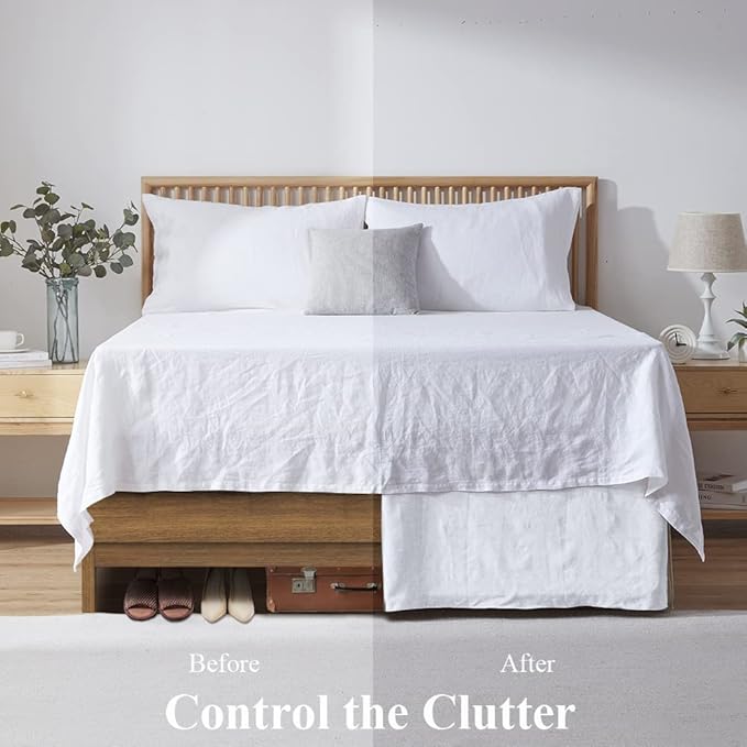 Simple&Opulence Belgian Linen Bed Skirt with Classic 14 inch Tailored Drop Dust Ruffle, Easy Fit Breathable Premium Natural Flax- Basic White, Twin