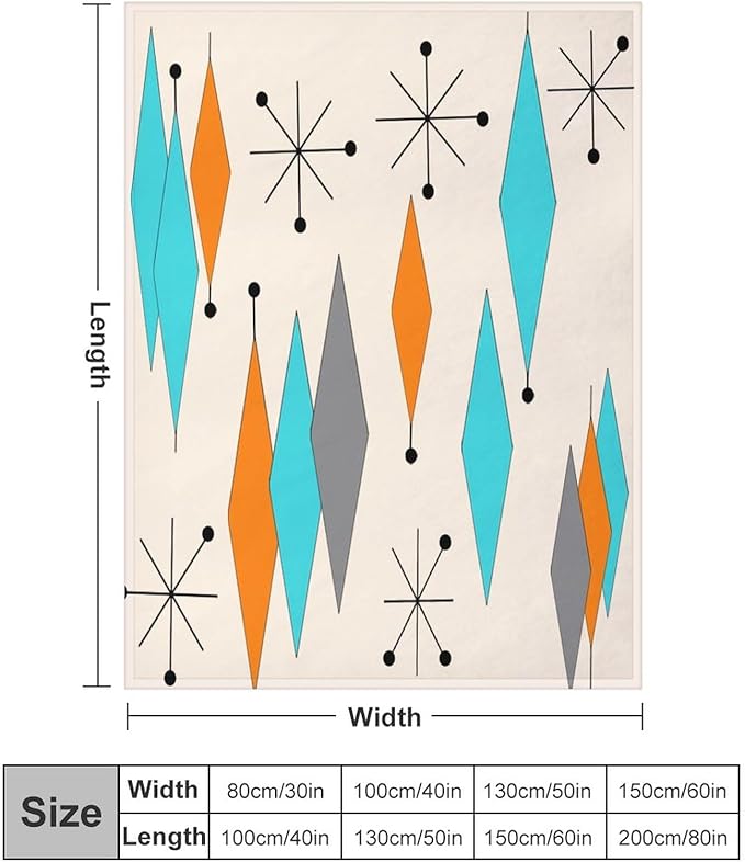 Mid Century Flannel Throw Blankets, Mid Century Modern Geometric Atomic Shapes Orange Retro Style Boho Print Blanket for Bed Couch Sofa Fuzzy Tv Throws 60"x80"