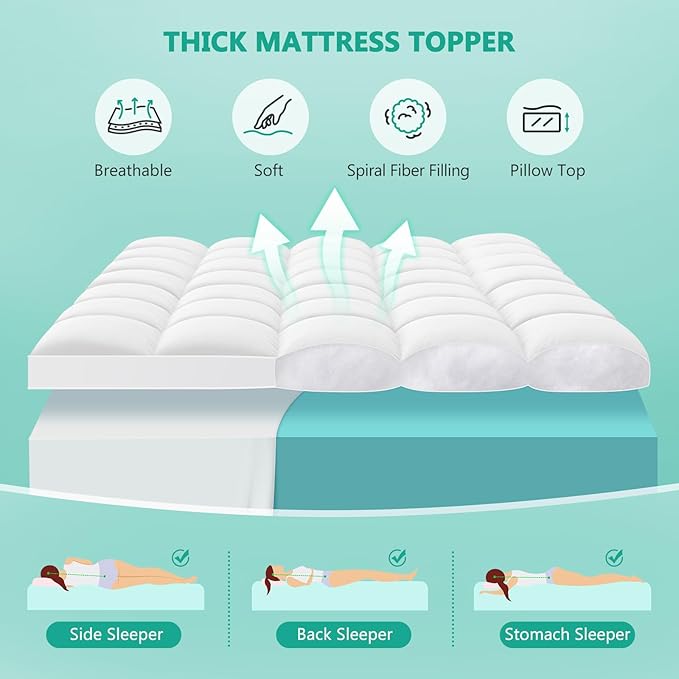 King Mattress Topper - Extra Thick Mattress Pad Cover - Pillow Top with Soft Breathable Spiral Fiber Filling, 8-21 Inch Deep Pocket, Cooling, White