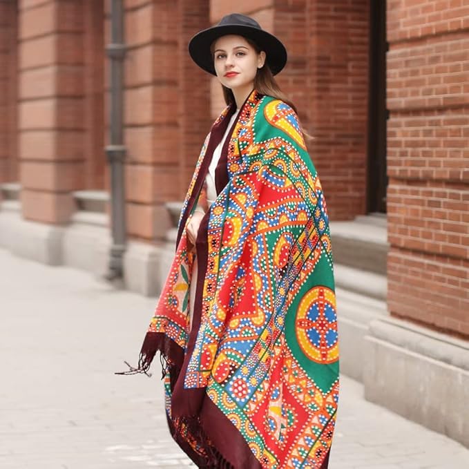 DANA XU 100% Merino Wool Pashmina Shawl for Women 96"x43", Oversized Cashmere Wrap with Tassels, Floral Travel Blanket Cape