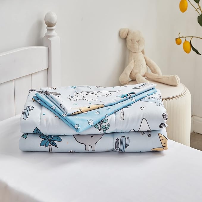 Joyreap 4 Piece Toddler Bedding Set, Cute Dinosaur on Light Blue, Ultra Soft Microfiber Toddler Comforter for Kids Boys Girls, Includes Quilted Comforter, Fitted Sheet, Top Sheet, and Pillow Case