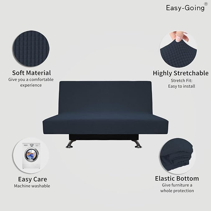 Easy-Going Stretch Futon Slipcover Armless Futon Bed Cover Furniture Protector Without Armrests with Elastic Bottom for Kids, Soft Jacquard Fabric Small Checks (Medium, Dark Blue)