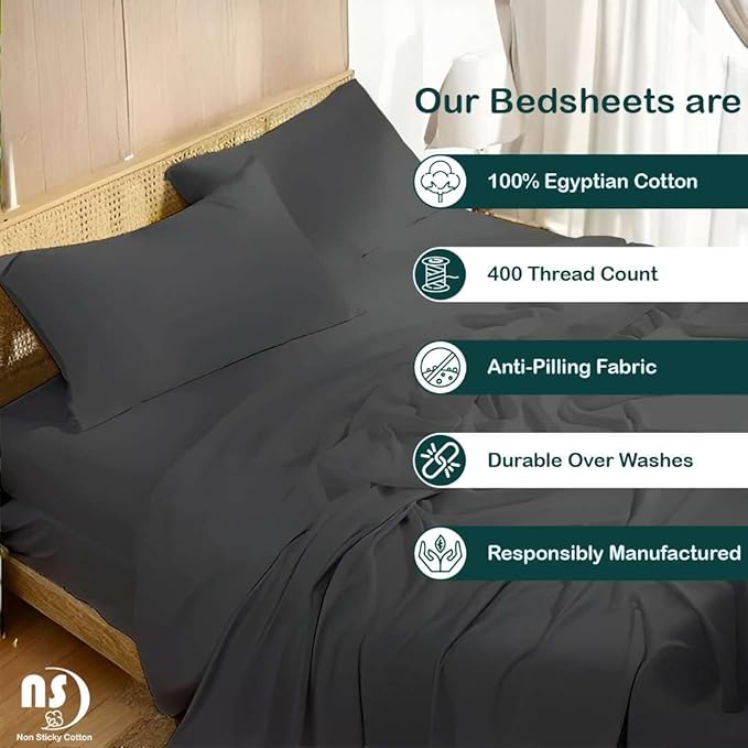 NON Sticky cotton Full Size Sleeper Sofa Sheets, 4 Piece Egyptian Cotton Bed Sheet Set for Sofa Bed, 7" Deep Pocket for Pull Out Couch Mattress, 54" x 75", Dark Grey Solid, Soft & Breathable