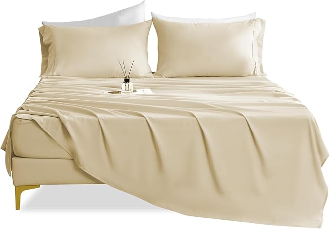 Lightweight Soft California King Sheet Set - Luxury 4 Piece Breathable Cooling Sheets, 16" Deep Pocket Easy Care Wrinkle Free Bedding Sheet and Pillowcase Set Cal King Size, Beige
