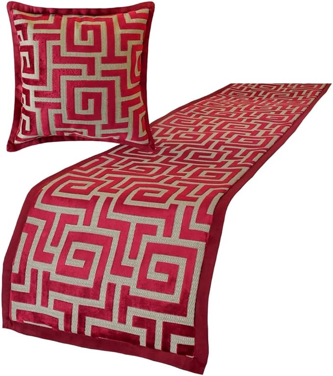 The HomeCentric King/Queen/Twin Red Designer Full 68"x18" Bed Runner with Pillow Cover, Maze Bed Scarf on Velvet Fabric - Path