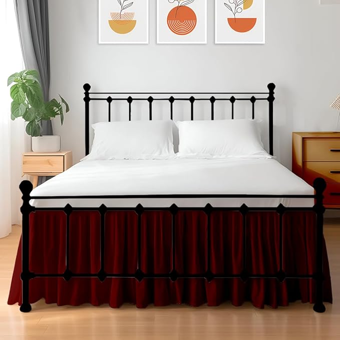 Shreem Linen Ruffled Bed Skirt with Split Corners, Gathered Style, 100% Microfiber, 28-Inch Drop, Dust Ruffle Bedskirt with Platform, Full-XXL, Burgundy