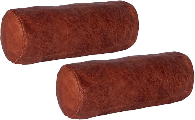 Neck Roll Pillow Cushion Cover, 22x6 Inch Full Moon Round Bolster Pillow Case, Cylinder Soft Lambskin Leather Pillowcase for Head, Spine & Neck Support During Sleep - Tan Artical Pack of 2