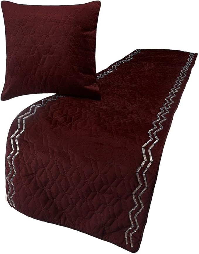 The HomeCentric King Queen Twin Deep Wine Decorative King 90"x18" Bed Runner with Pillow Cover, Quilted & Crystals Bed Scarf on Velvet Fabric - Diamond Symphony