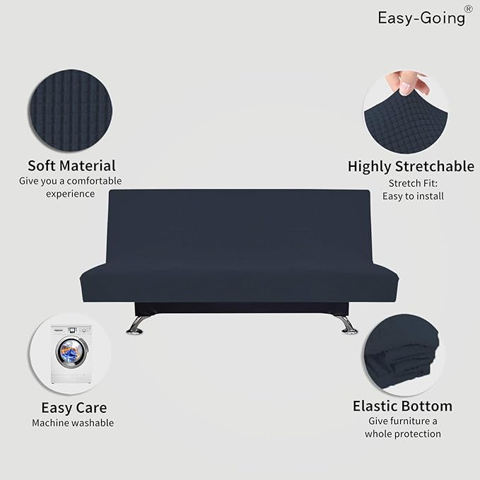 Easy-Going Stretch Futon Slipcover Armless Futon Bed Cover Furniture Protector Without Armrests with Elastic Bottom for Kids, Soft Jacquard Fabric Small Checks (Large, Dark Blue)