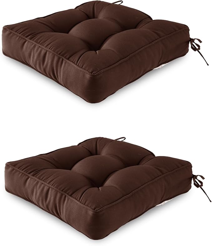 ARTPLAN Outdoor Seat Cushion,Square Thick Tufted Chair Cushion for Patio Wicker Chair with Tie,Set of 2,19"x19"x5",Coffee
