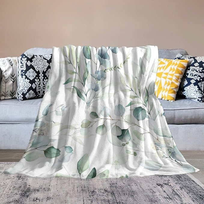 Eucalyptus Leaf Throw Blanket, Watercolor Floral Spring Botanical Green Plants Herb Print Cozy Plush Blanket for Bedroom Living Rooms Sofa Couch, 50"x60"