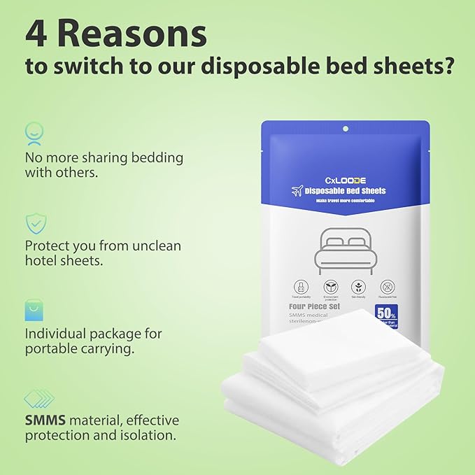 4 PCS Disposable Bed Sheet Queen Size, Travel Sheet for Hotel, Disposable Sheet for Travel Bedding Cover Portable Sheet with 1 Quilt Cover, 1 Sheet and 2 Pillowcase for Travel Business Trip Spa Hotel
