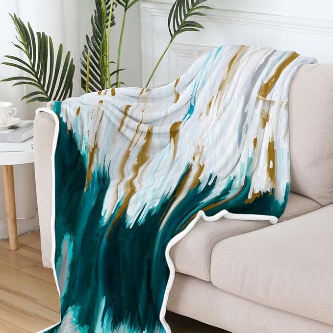 Abstract Ombre Throw Blankets, Modren Chic Art Oil Painting Cozy Warm Bed Couch Blanket, Teal Turquoise Gold White Fleece Flannel Throws to Decorate The Room and Bedroom