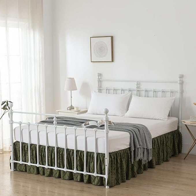 Bed Skirt Full Size Ruffled Bed Skirt with Split Corners, 18 Inch Drop Dust Ruffle Bed Skirts with Platform, Boho Tufted Shabby Chic Full Size Bed Skirts, Olive Green