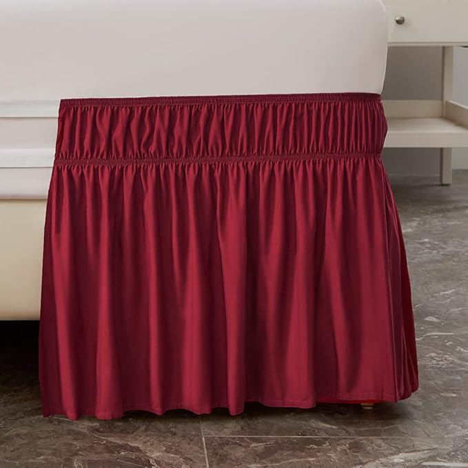 MEILA Wrap Around Bed Skirt Three Fabric Sides Elastic Dust Ruffled 18 Inch Tailored Drop,Easy to Install Fade Resistant-Burgundy, Queen/King