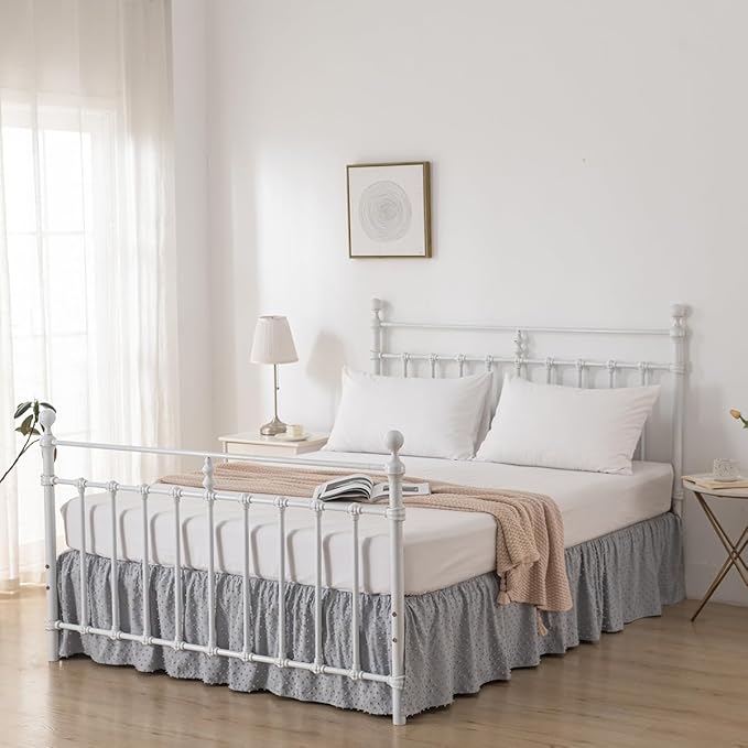 Tufted Dot Bed Skirt King Size Ruffled Bed Skirt with Split Corners, 18 Inch Drop Dust Ruffle Bed Skirts with Platform, Light Grey