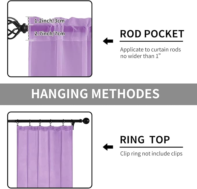 Sheer Curtains 45 Inches Long 2 Panels, Rod Pocket Short Curtain for Kitchen, Bedroom, Cafe Window(Lavender 38" W x 45" L)