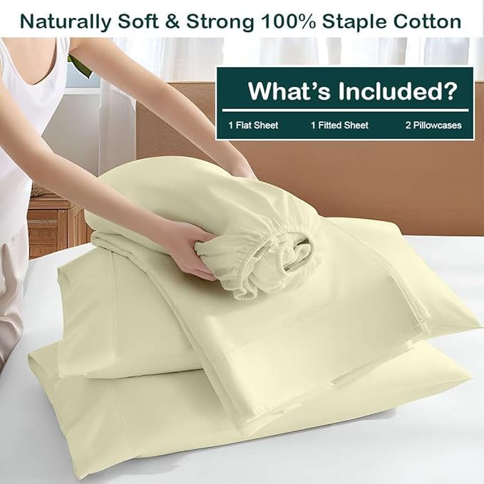 NON Sticky cotton Queen Size Sleeper Sofa Sheets, 4 Piece Egyptian Cotton Bed Sheet Set for Sofa Bed, 10" Deep Pocket for Pull Out Couch Mattress, 60" x 75", Ivory Solid, Soft & Breathable