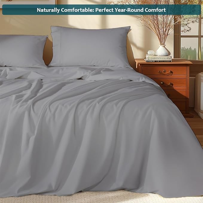 California King Sheet Set - Luxury 338 Thread Count 100% Egyptian Cotton Sateen, Deep Pocket Sheets with All Around Elastic for a, Hotel Quality Bedding Set (Light Grey Solid)