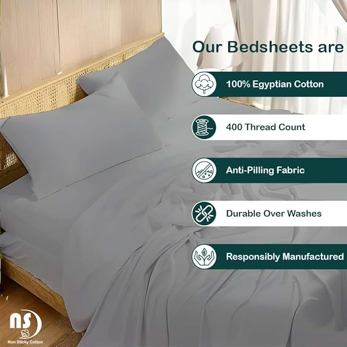 NON Sticky cotton Queen Size Sleeper Sofa Sheets, 4 Piece Egyptian Cotton Bed Sheet Set for Sofa Bed, 7" Deep Pocket for Pull Out Couch Mattress, 60" x 75", Light Grey Solid, Soft & Breathable