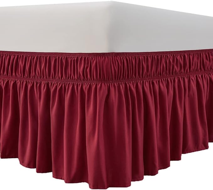 MEILA Wrap Around Bed Skirt Three Fabric Sides Elastic Dust Ruffled 18 Inch Tailored Drop,Easy to Install Fade Resistant-Burgundy, Queen/King